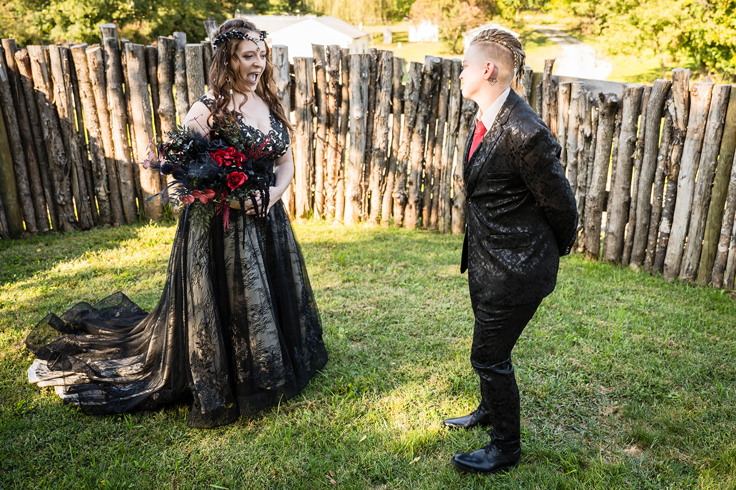 A marrier's mouth drops as their significant other faces them during their first look on their elopement day.