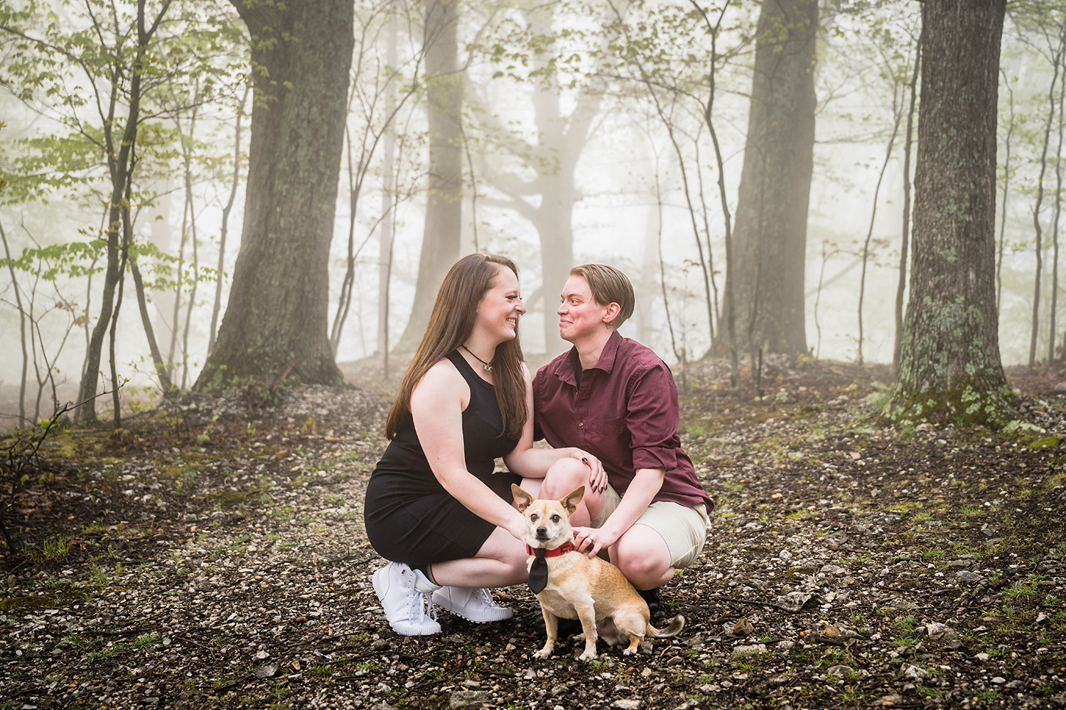 A queer couple crouch next to their dog and face one another and smile as they hold onto their dog in front of them during their engagement session.