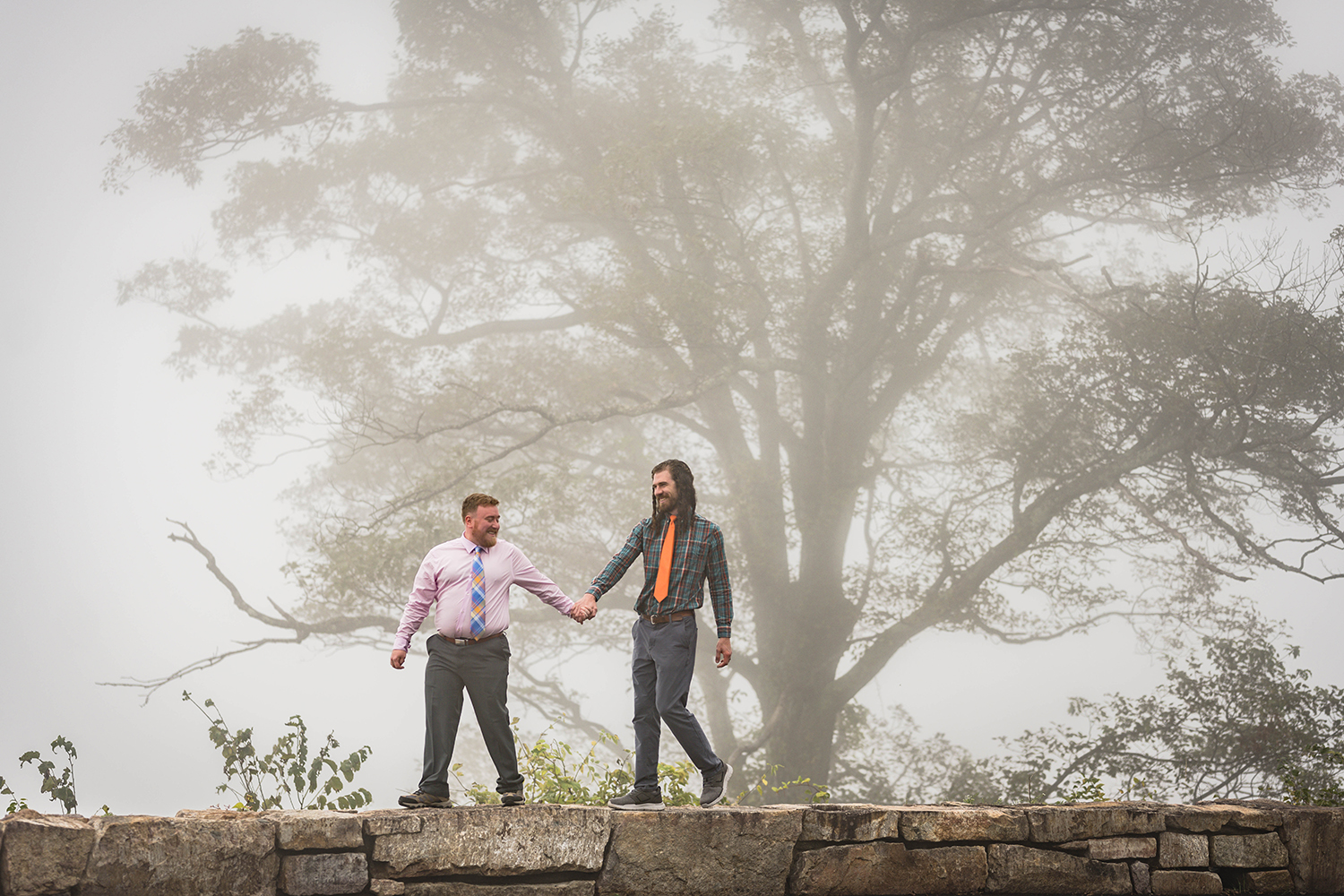 Two queer people hold hands while walking along a stone guardrail at Loft Mountain Overlook surrounded by a misty fog with an imposing tree in the background.