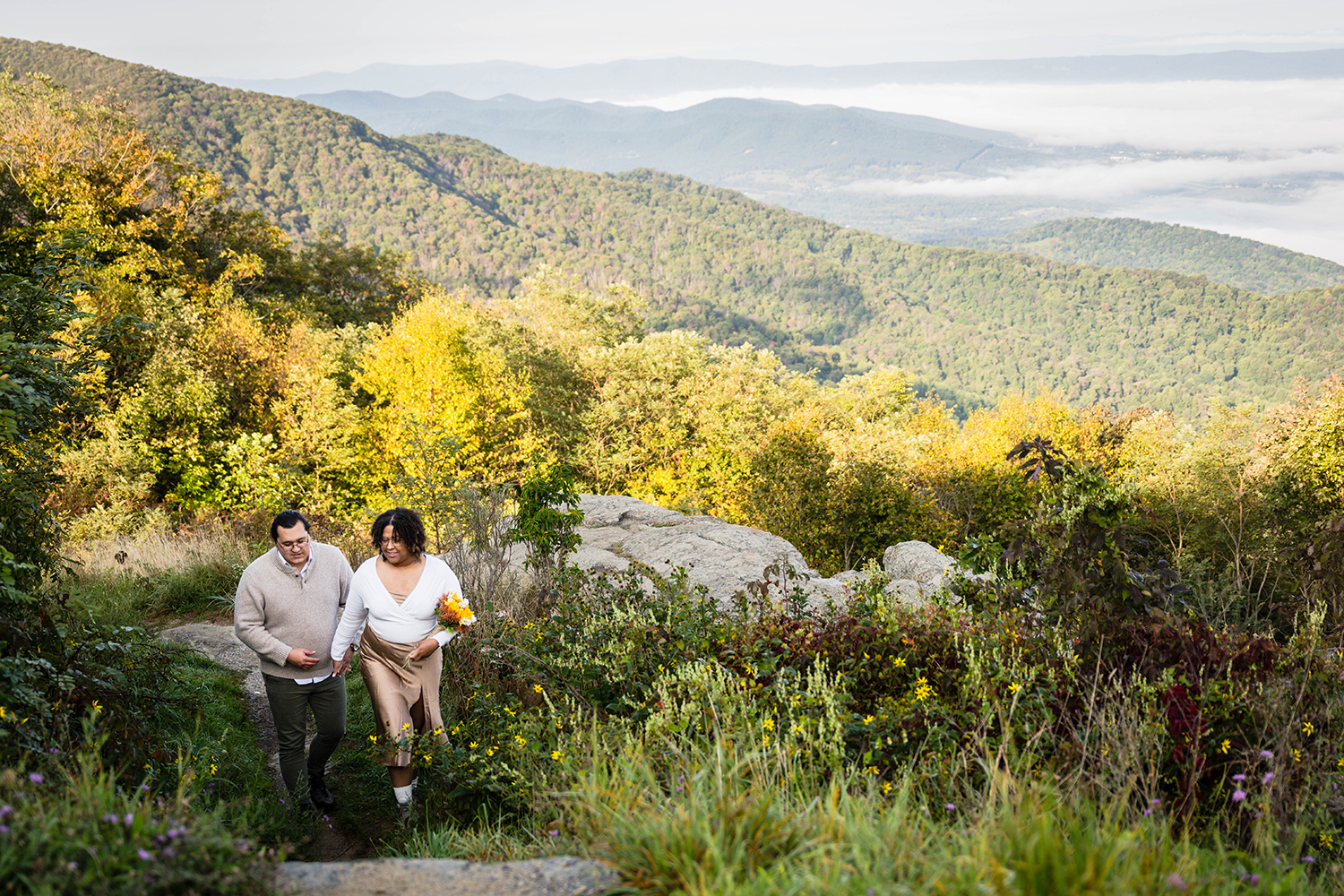 A couple on their wedding elopement day walk hand-in-hand up the stairs to return to the parking lot at Timber Hollow Overlook.