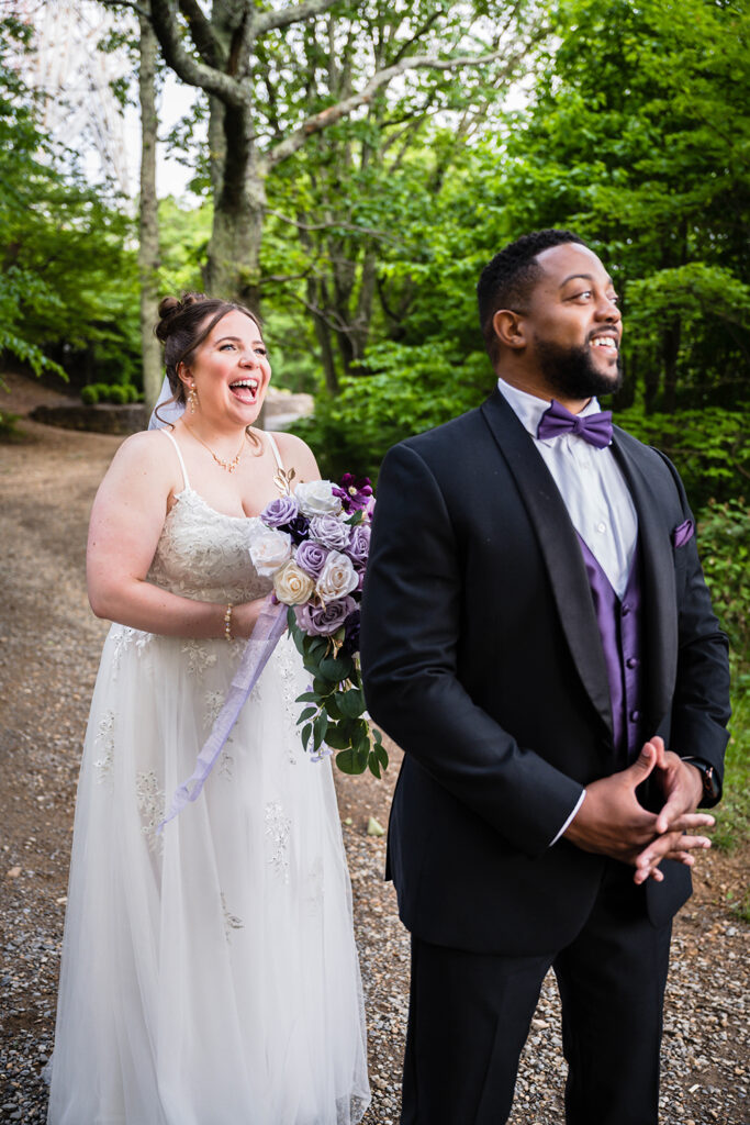 A woman and a man prepare for their first look on their wedding elopement day in Roanoke, Virginia.