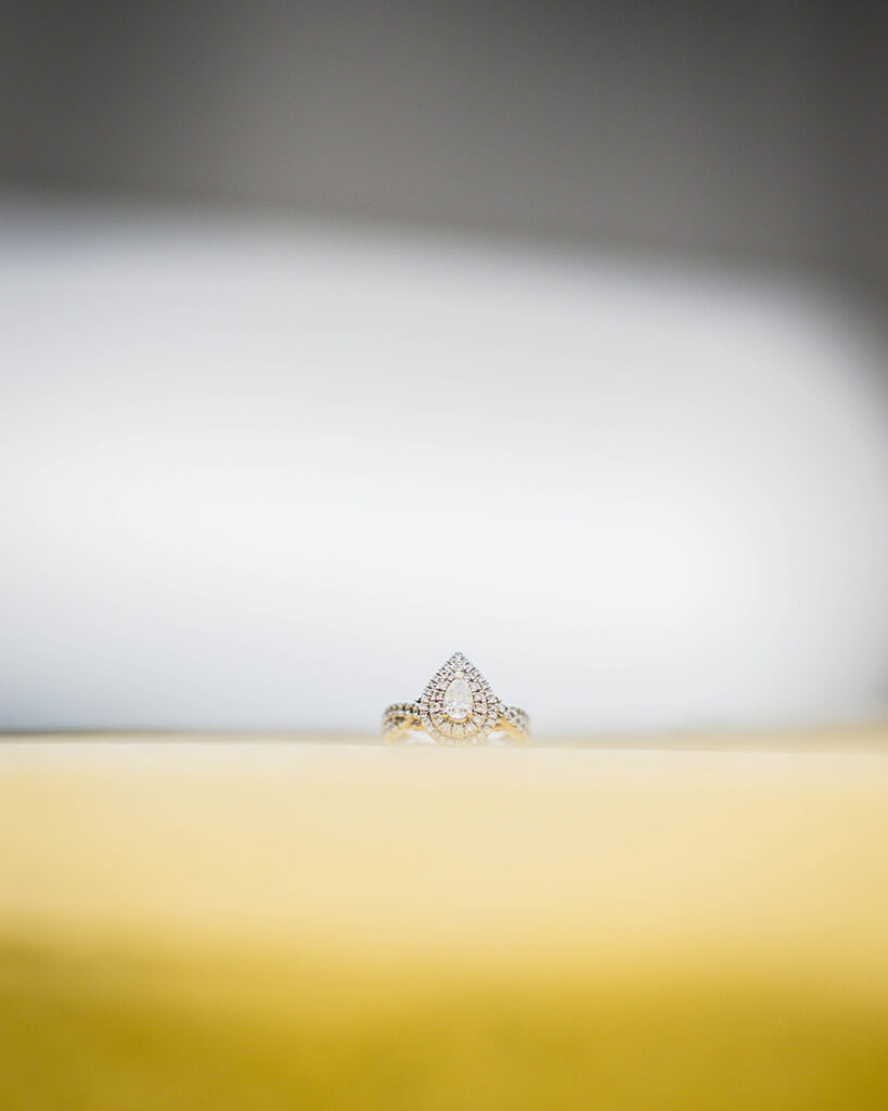 A close up photo of an engagement ring in the Center in the Square parking garage in Roanoke, Virginia.