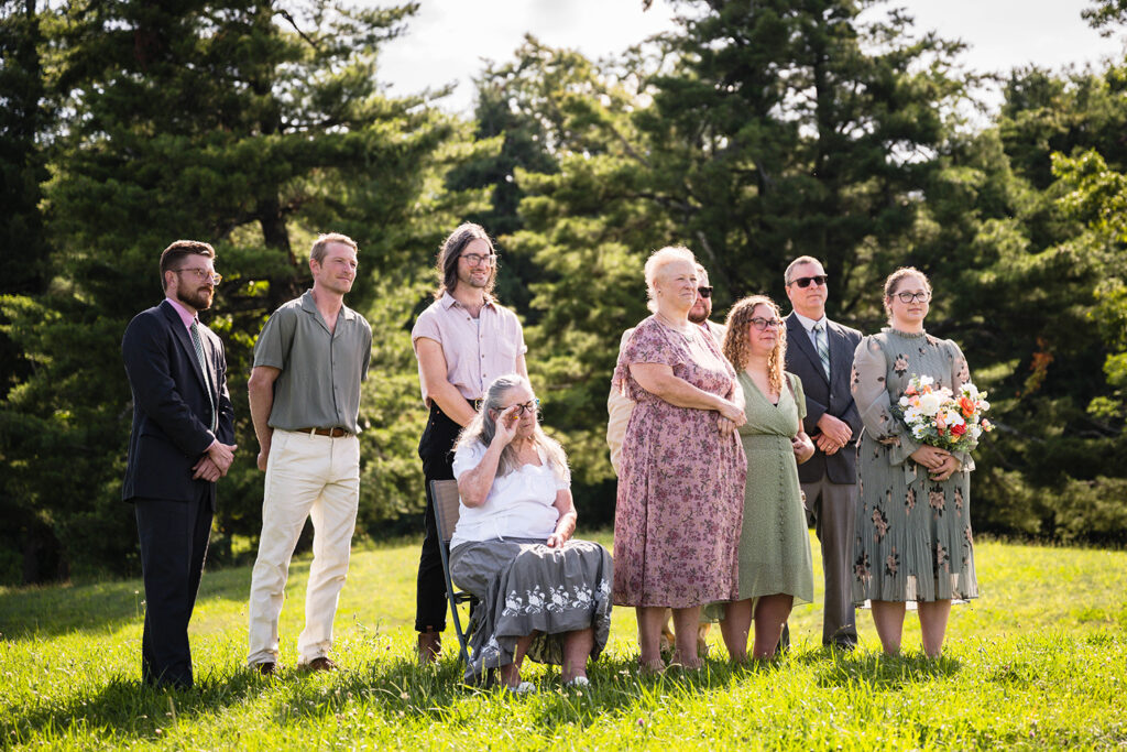 A group of wedding guests at a Blue Ridge mountain wedding.