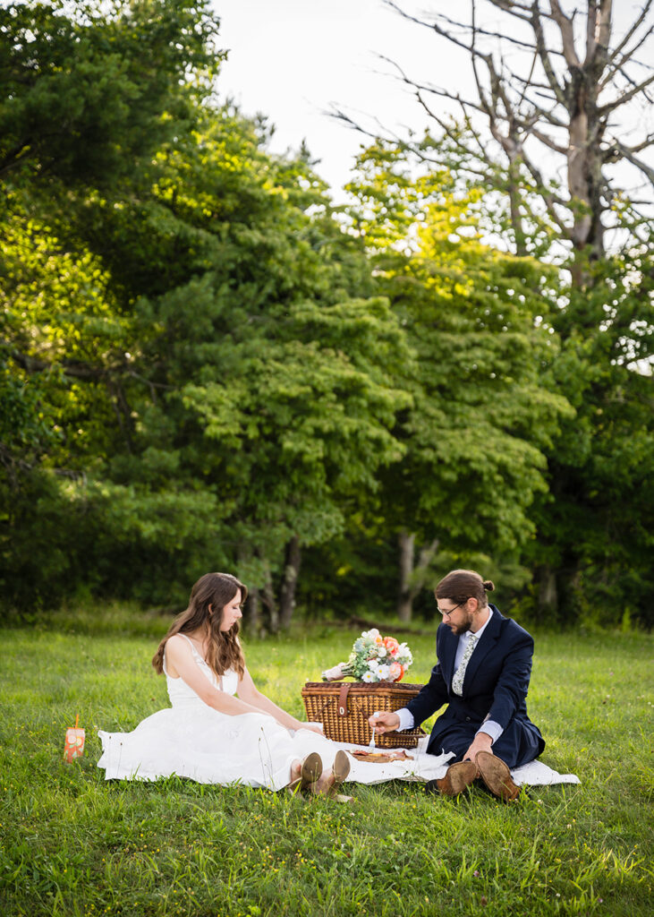 An elopement couple sit on a quilt for a light dinner picnic at an overlook along the Blue Ridge Parkway.