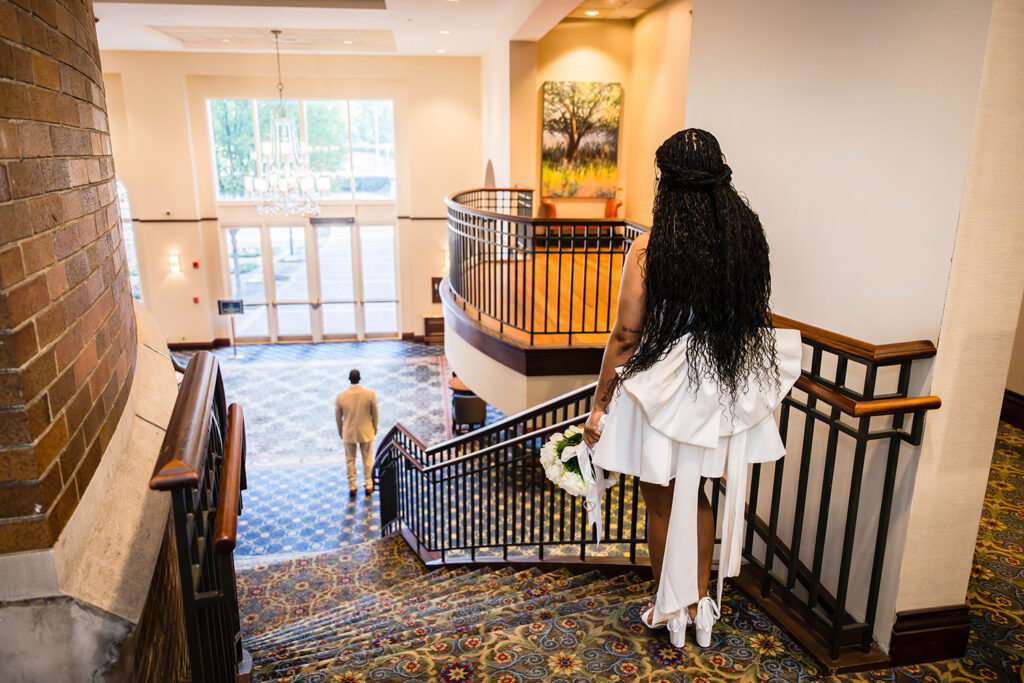 A Black wedding couple has a first look at Hotel Roanoke during their Downtown Roanoke wedding.