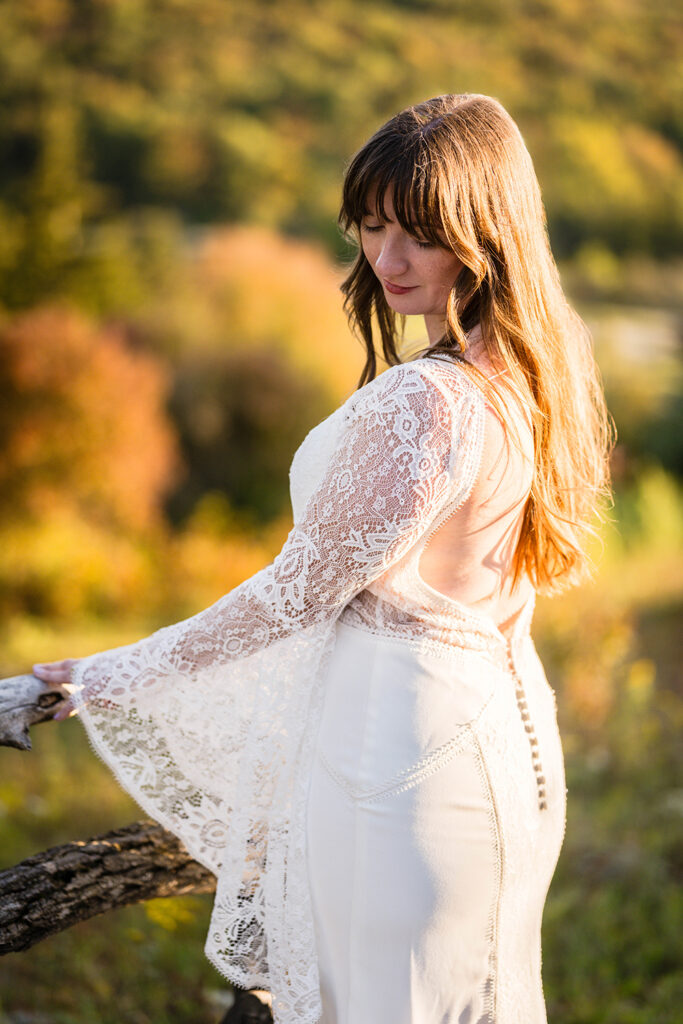 A marrier poses for a photo along the Massie Gap trail on their elopement day.