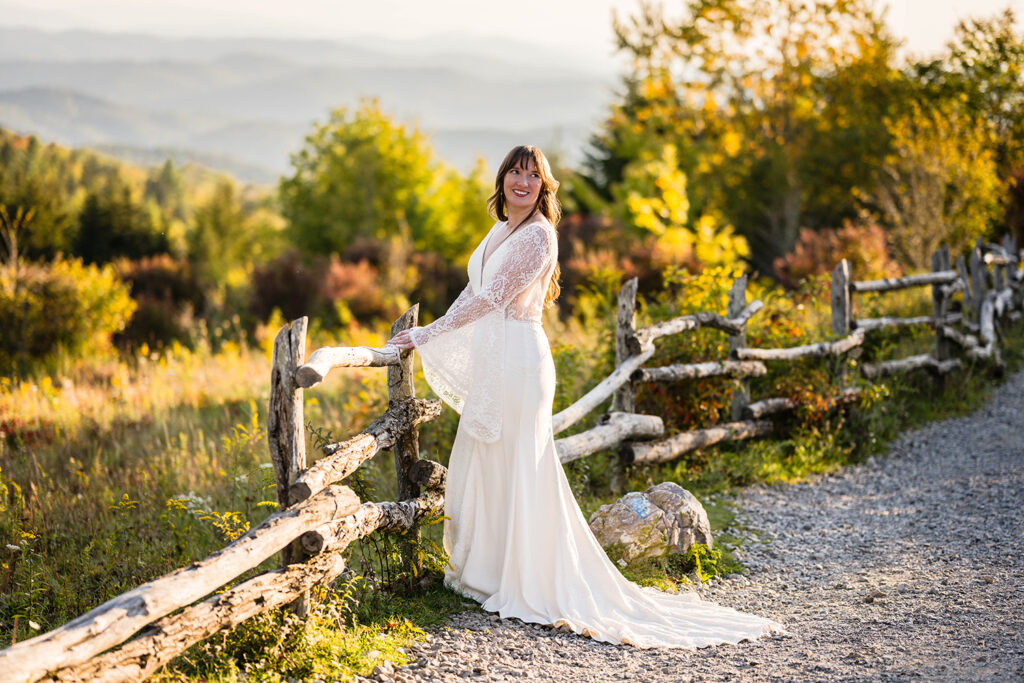 A marrier poses for a photo along the Massie Gap trail on their elopement day.