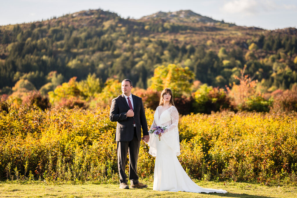 An elopement wedding couple poses for a photo at Massie Gap in Grayson Highlands State Park in Virginia.