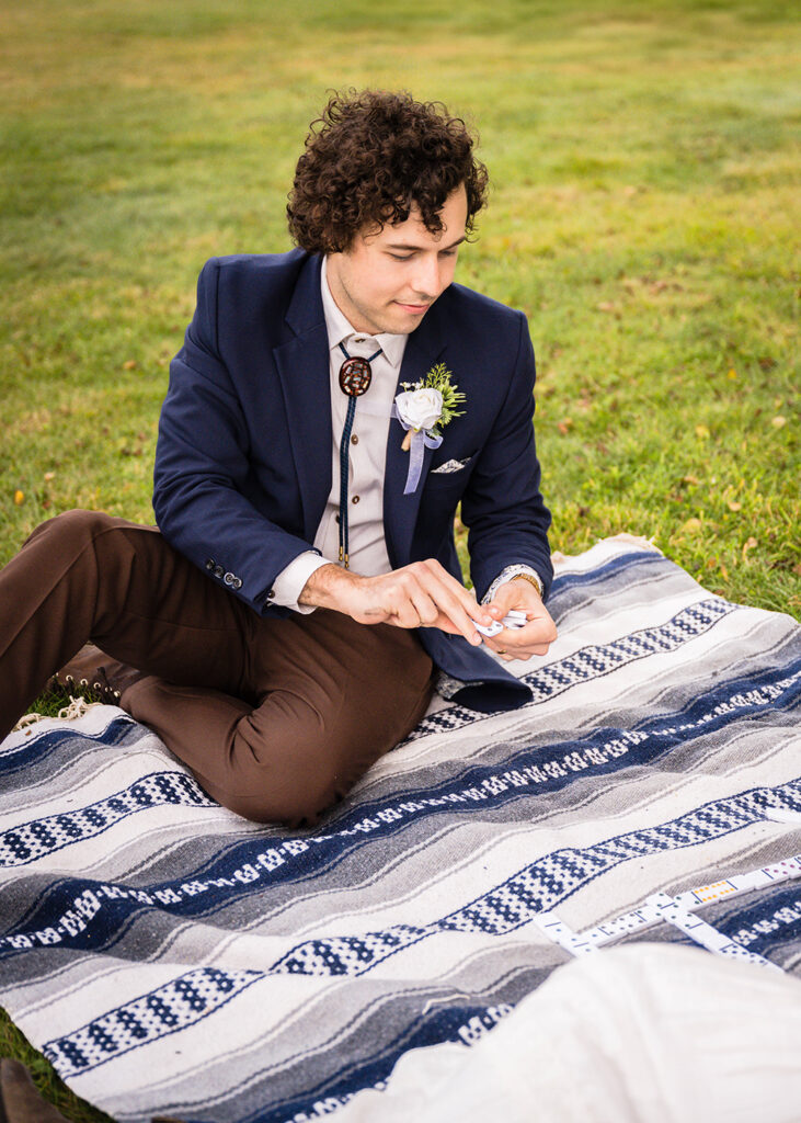 A man plays a domino.