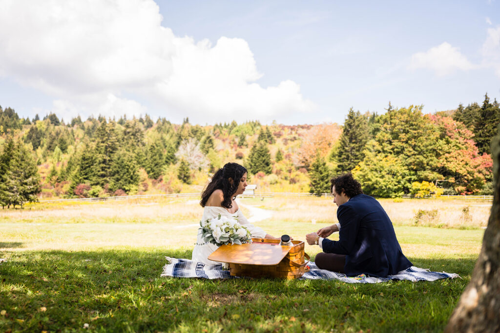 A wedding couple sit under a tree and enjoy an elopement picnic at Grayson Highlands.