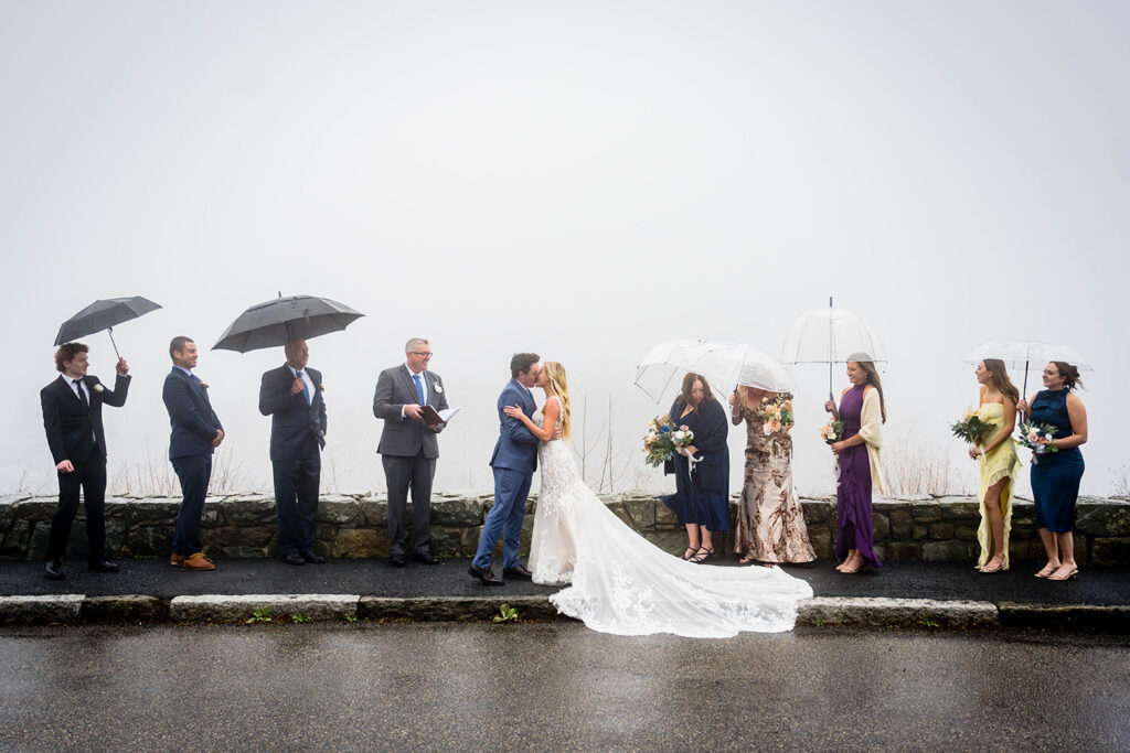 A rainy and foggy elopement wedding ceremony at Thorofare Mountain Overlook in Shenandoah National Park located in the state of Virginia.