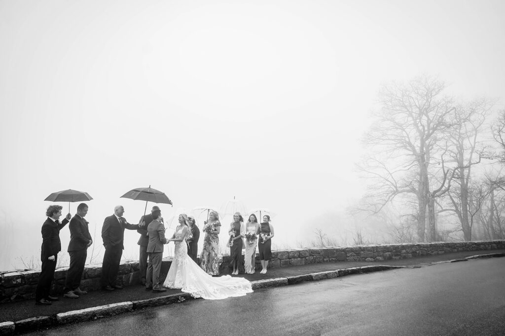 A rainy and foggy elopement wedding ceremony at Thorofare Mountain Overlook in Shenandoah National Park.