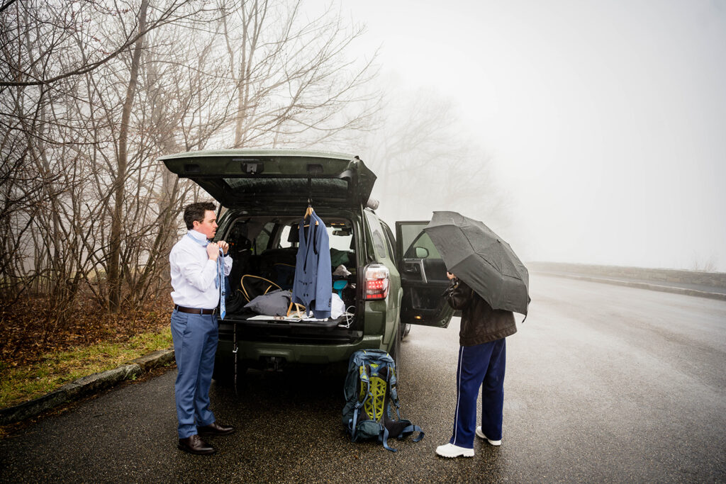 A couple gets ready at Thorofare Mountain Overlook for their elopement.